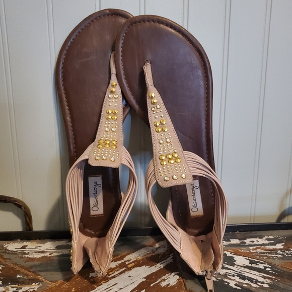 Rhinestoned Beige Sandals T Strap Zip Up Neutral Gold Silver US 8.5 - Picture 11 of 11